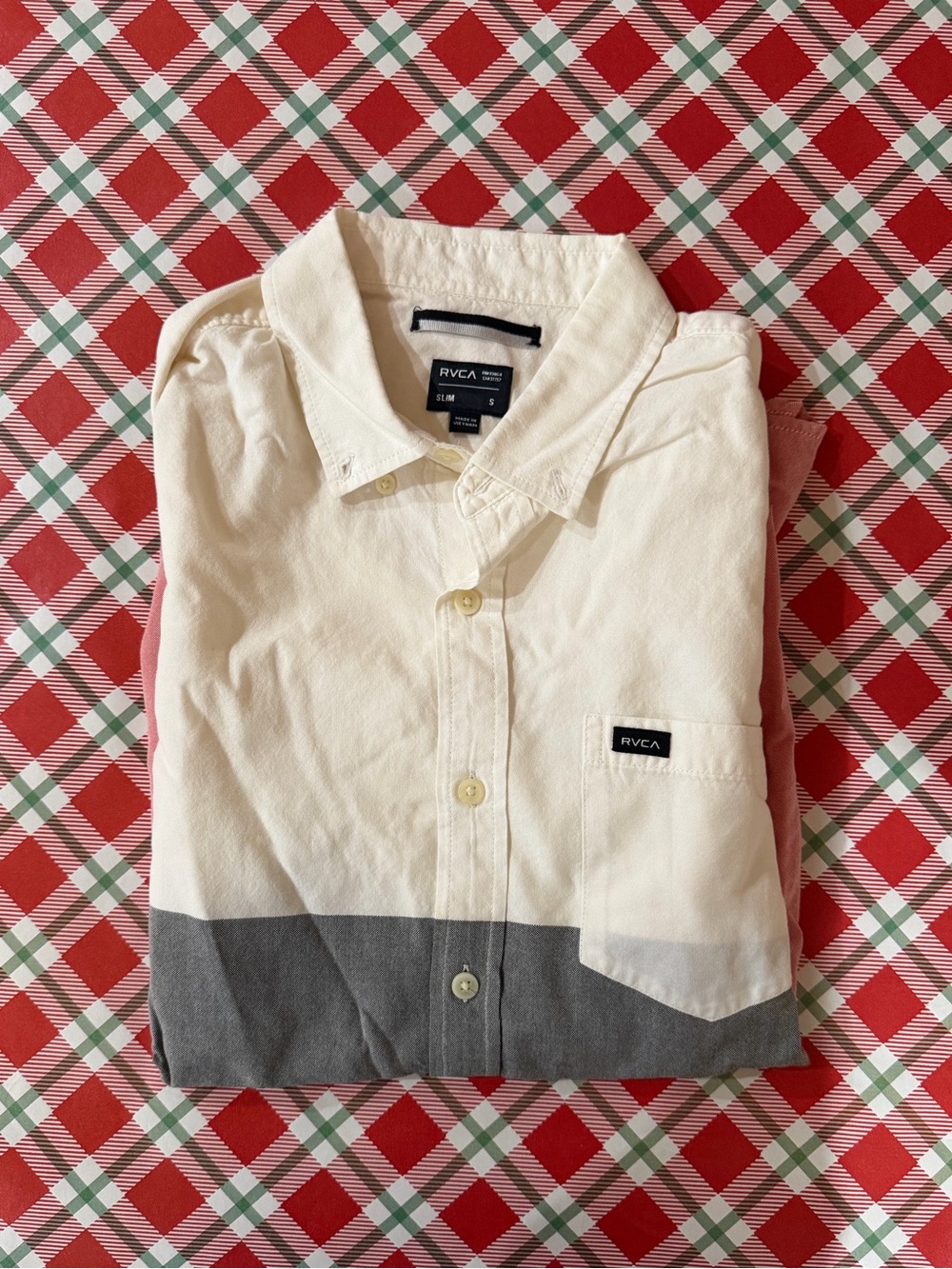 RVCA White Grayish Blue Red Short-Sleeve Button-Down Shirt